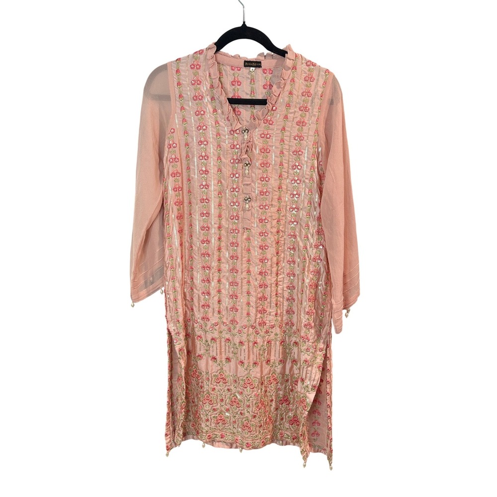Agha Noor Peach‎ Embroidered Sequin Kurta Tunic Top Small Pakistani Designer